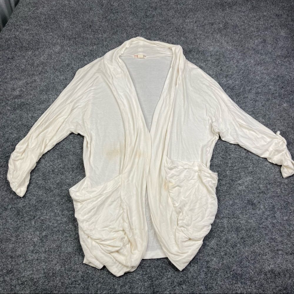 Zenana Outfitters Cardigan Womens Size L Cream Open Front Draped Pocket Stained